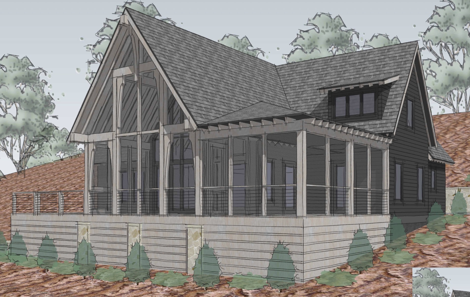 Architectural rendering of Stonebranch cabin — screened porch, A-frame gable, dark lap siding
